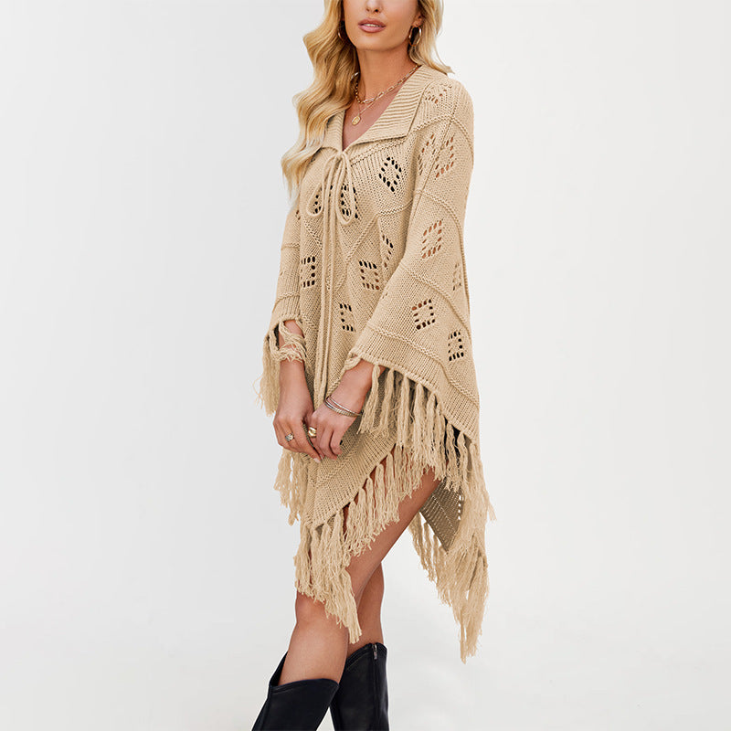 Trendy Women's Tassel Knit Poncho Sweater – Autumn Winter 2026