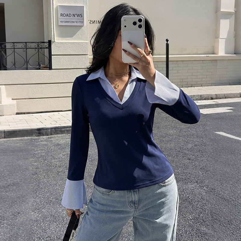 Contrast Collar V Neck Flare Sleeve Knit Top