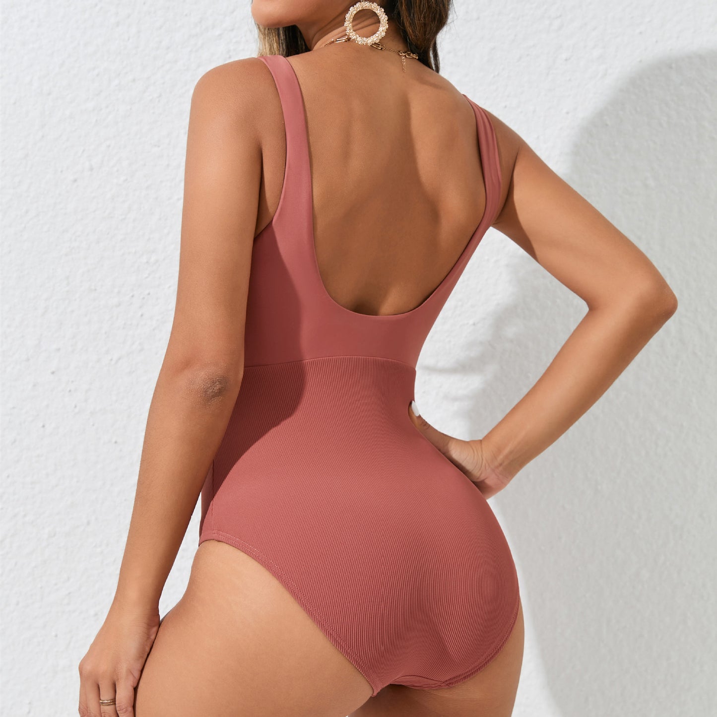 Deep V Sexy Colorblock One-Piece Swimsuit - U-Back Design