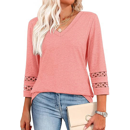Women’s V Neck 3/4 Sleeve Lace Trim Casual Top