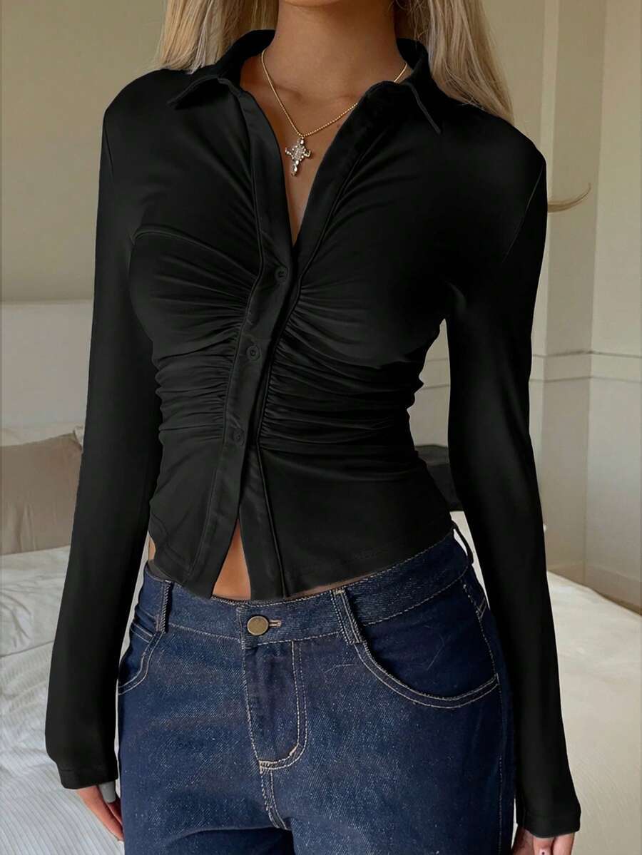Solid Polyester Blouse Trendy Fitted Ruched Button Front