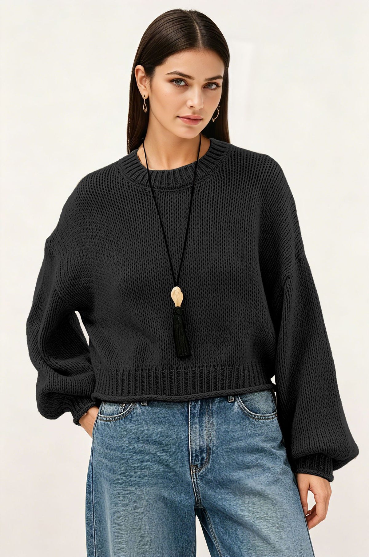 Women's Oversized Cropped Chunky Crew Neck Sweater