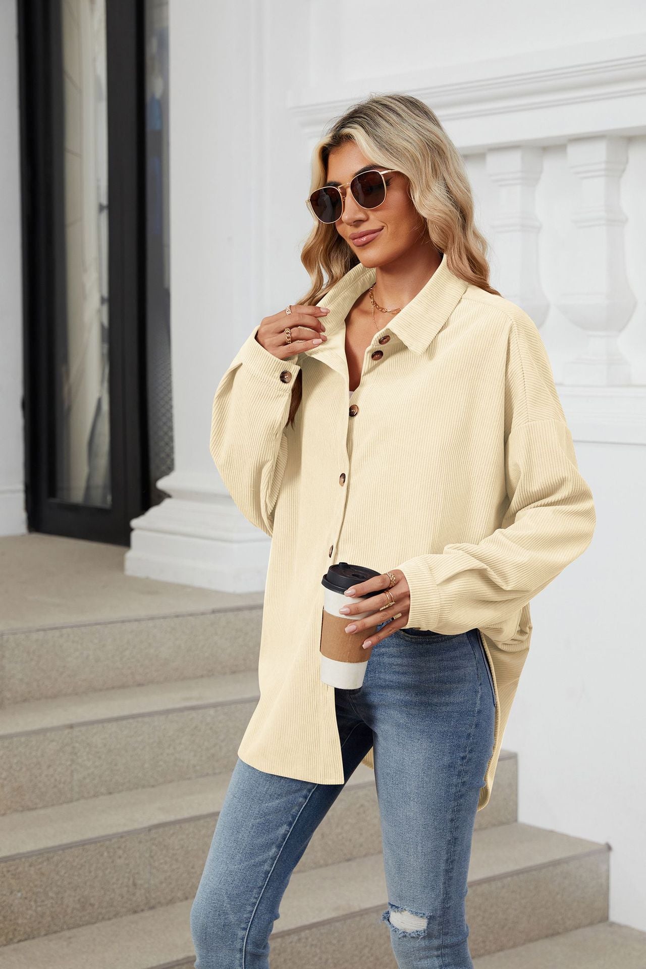 Solid Color Lapel Button-down Long-sleeved Loose Shirt