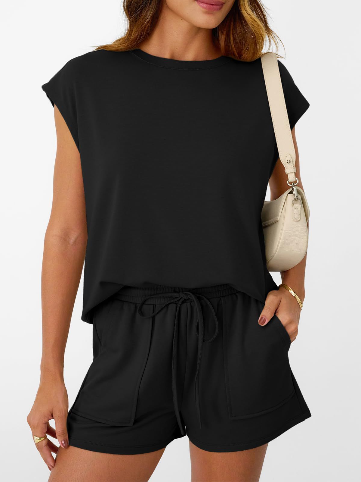 Solid Knit Lounge Set Casual Drawstring Pocket