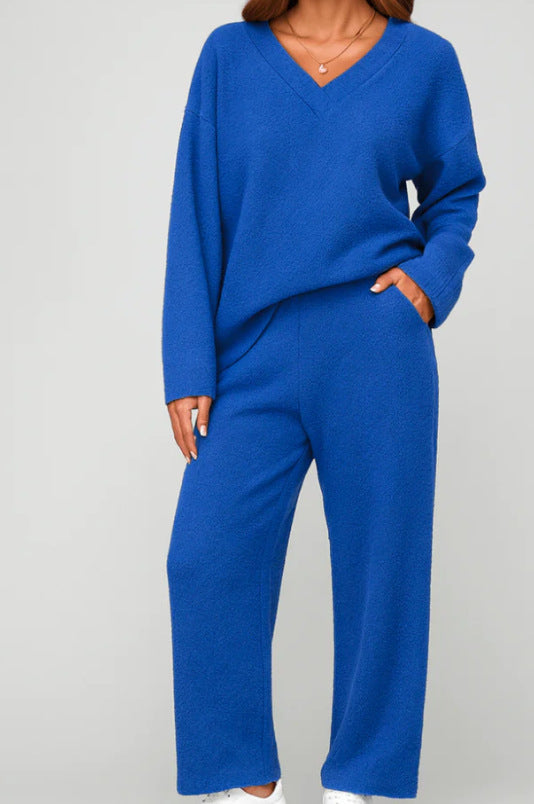 Women's V-Neck Knit 2 Piece Lounge Set Wide Leg Pants