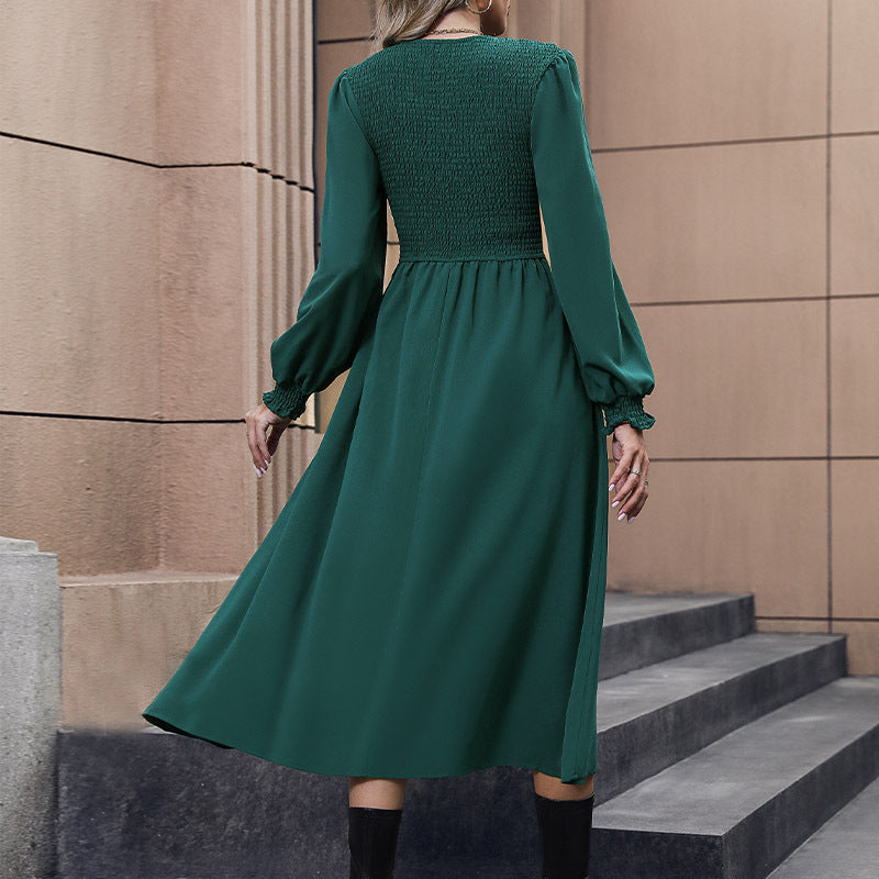 Elegant Green Long Sleeve Smocked Waist Midi Dress