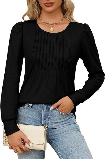 Solid Cotton Top Casual Pleated Puff Sleeve