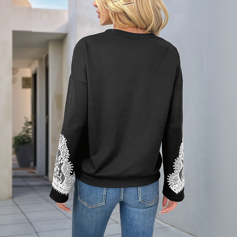 Women's Lace Patchwork Crewneck Pullover Sweatshirt