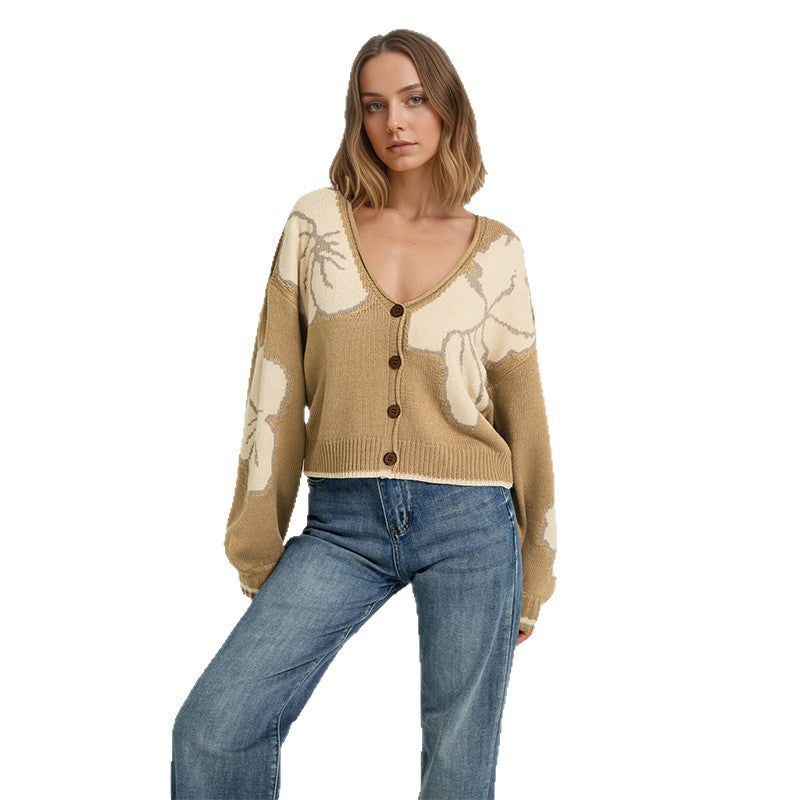 Women's Colorblock Floral Cardigan V-Neck Button Front