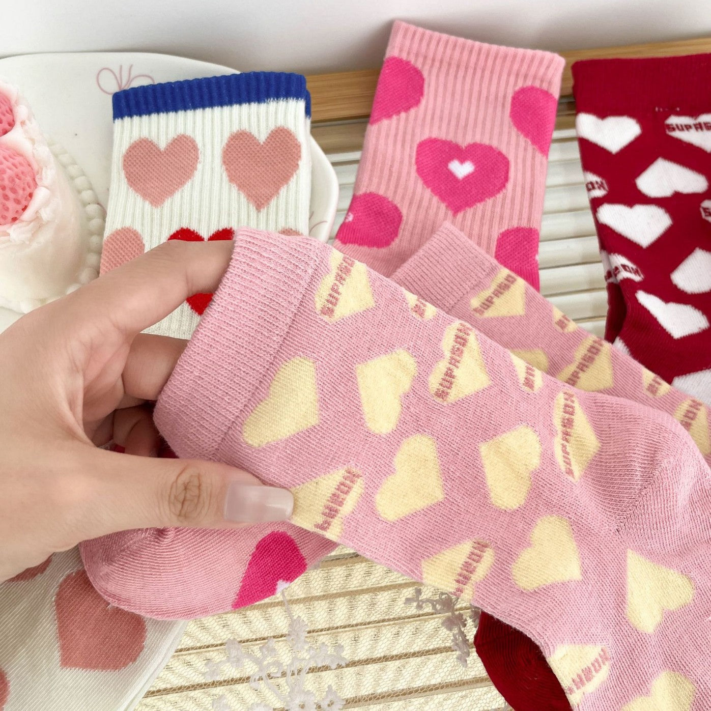 Heart Pattern Crew Socks Cute Preppy Style