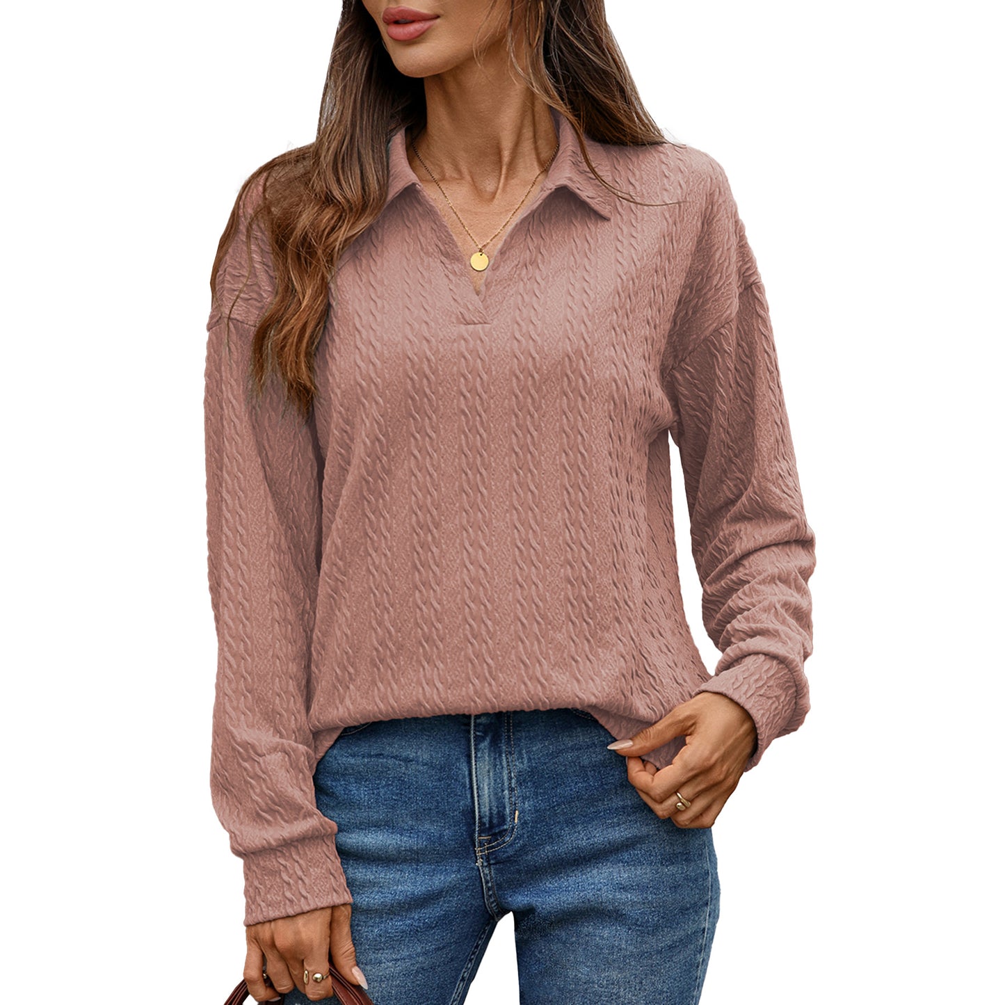 Women's Collared Long Sleeve Solid Pullover Top