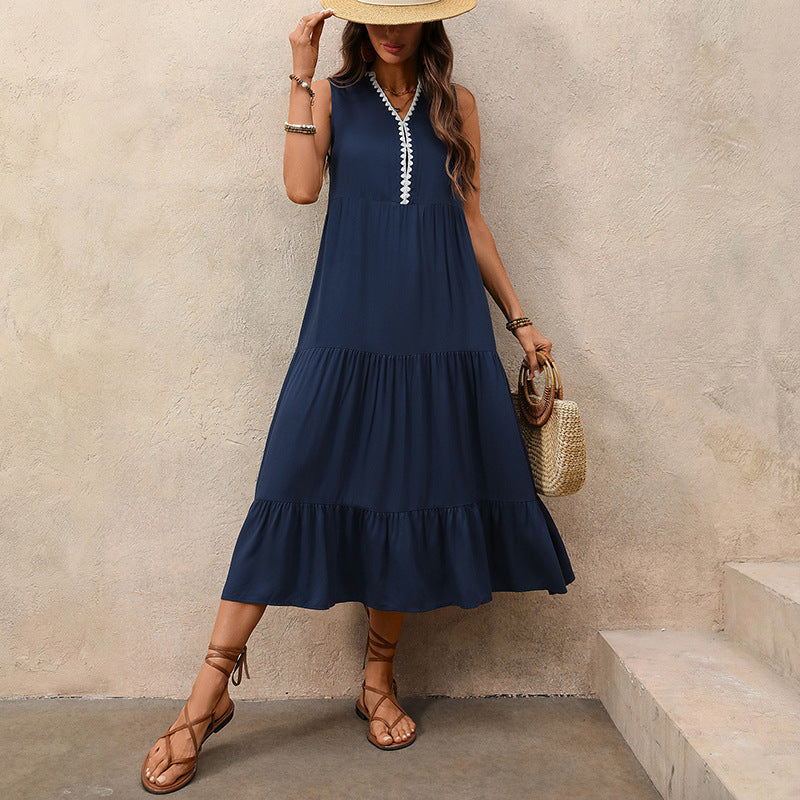 Contrast Trim V Neck Sleeveless Tiered Maxi Dress