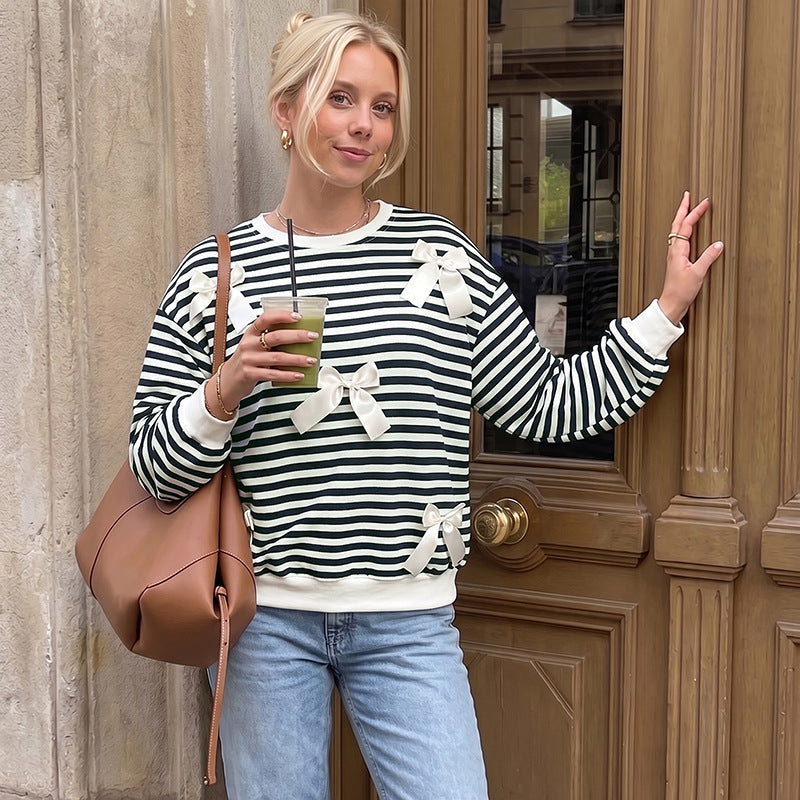 Striped Sweatshirt Terry Top Trendy Bow Detail Boutique Style