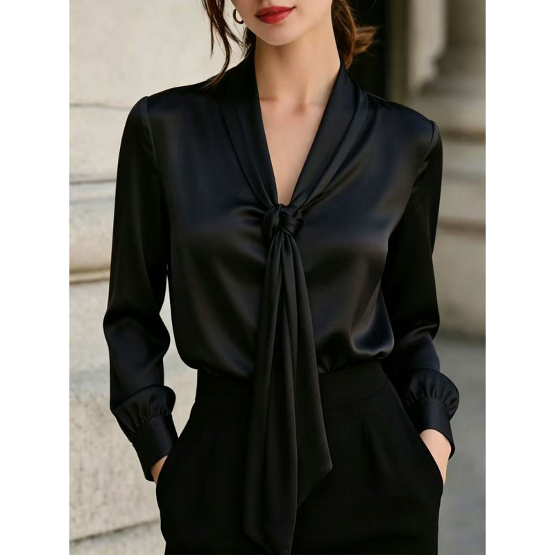 Solid Satin Blouse Elegant Tie Neck Long Sleeve