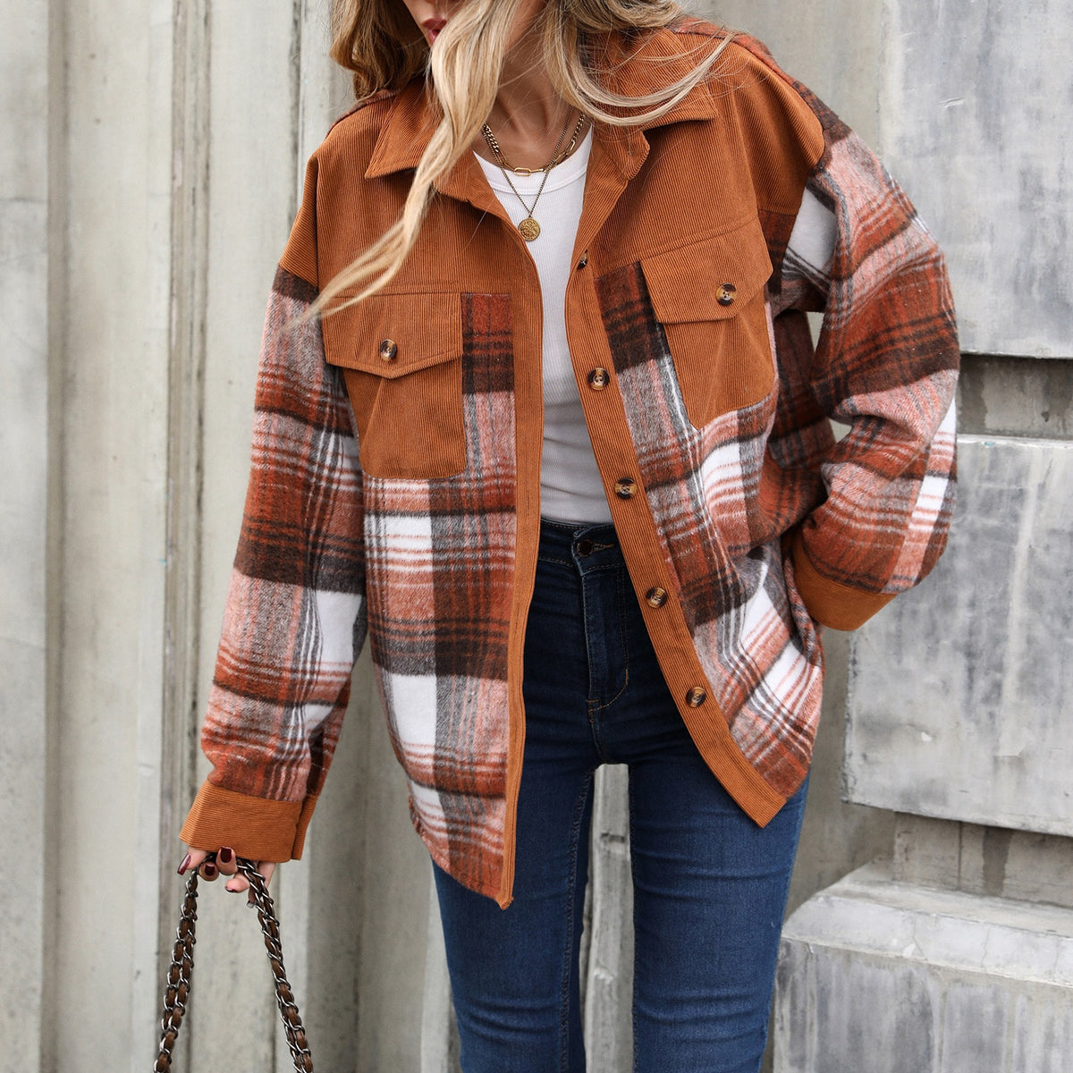 Women's Oversized Plaid Corduroy Shacket Button Down