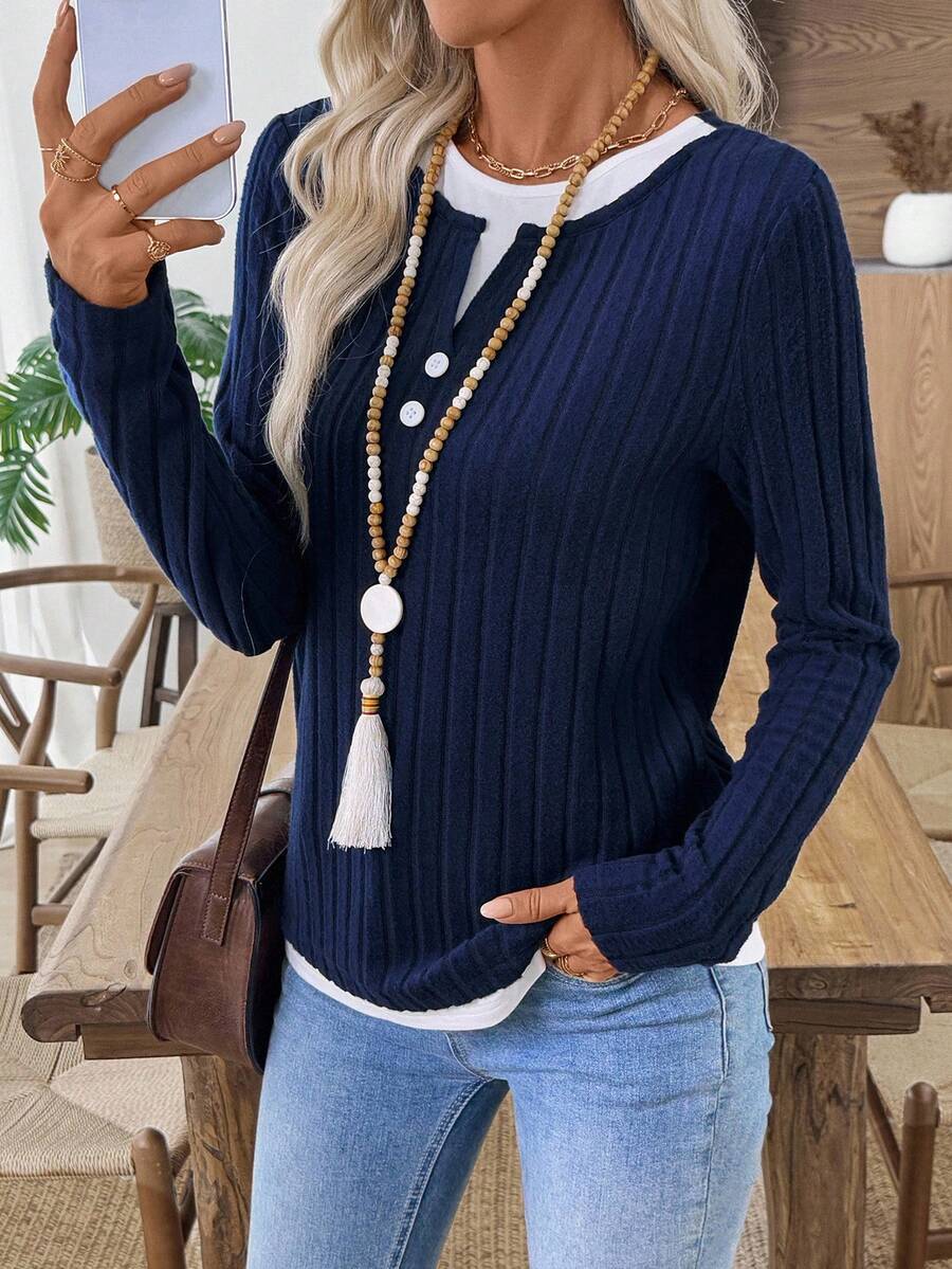 Solid Brushed Knit Top Casual Ribbed Henley Tee
