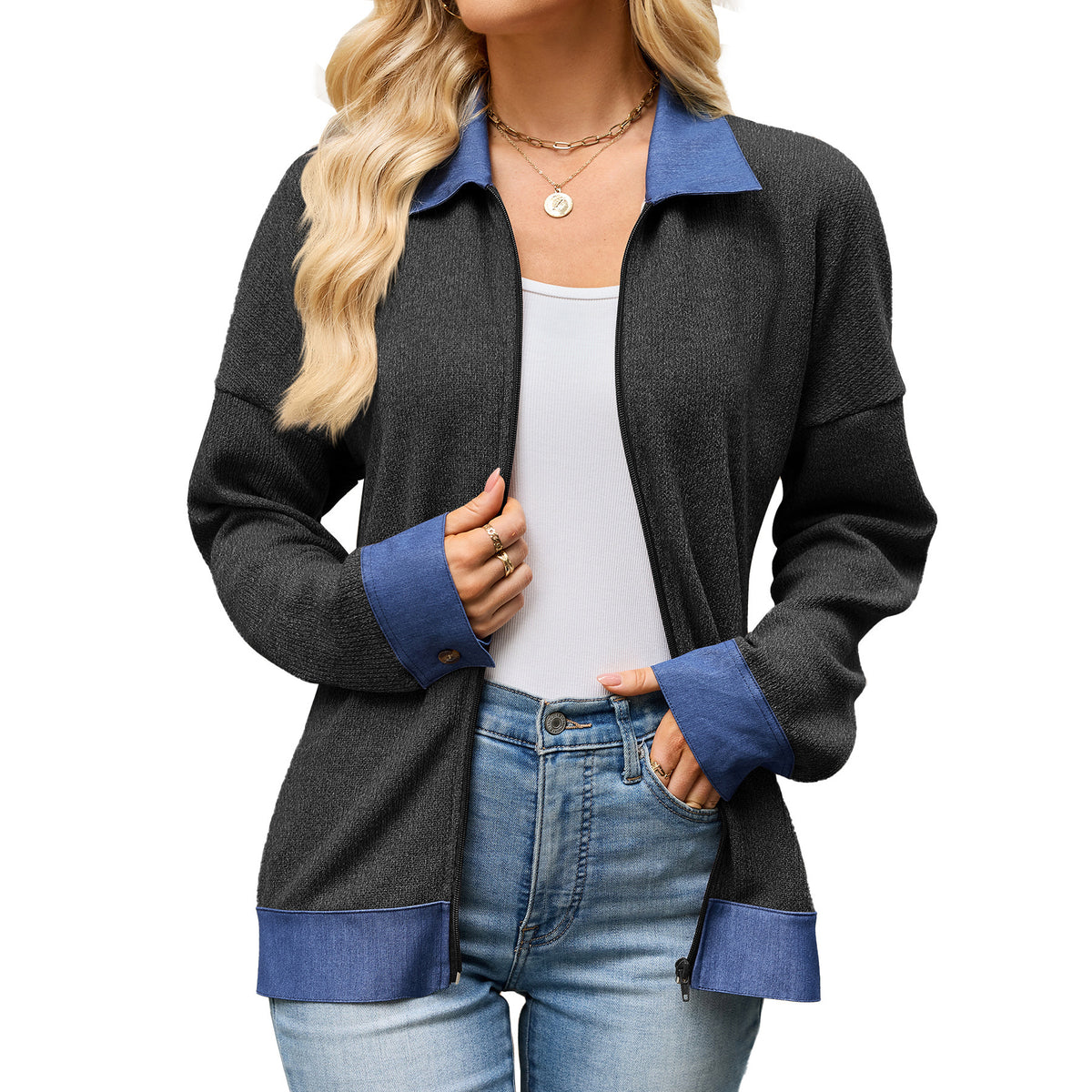 Womens Color Block Denim Trim Zip Up Collared Jacket