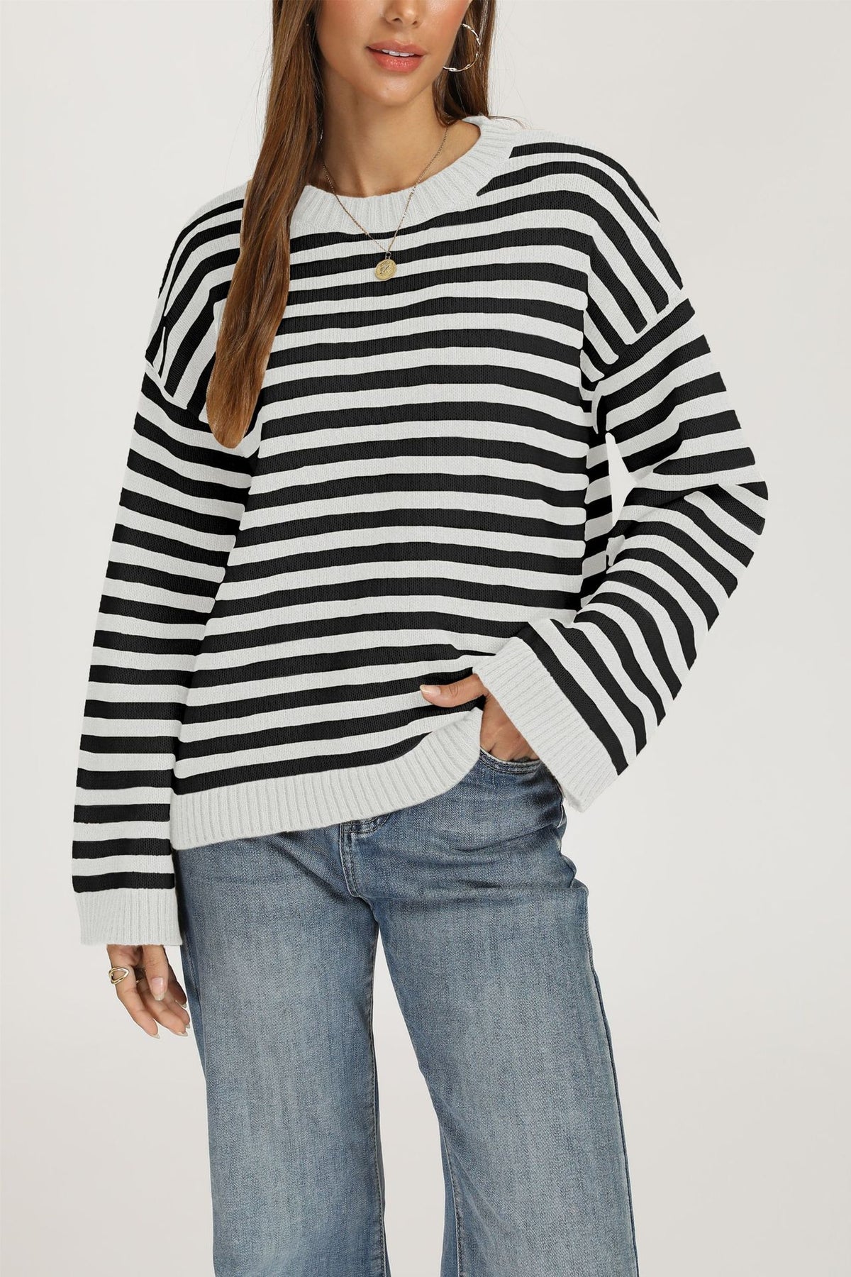 Women's Oversized Striped Crewneck Knit Sweater