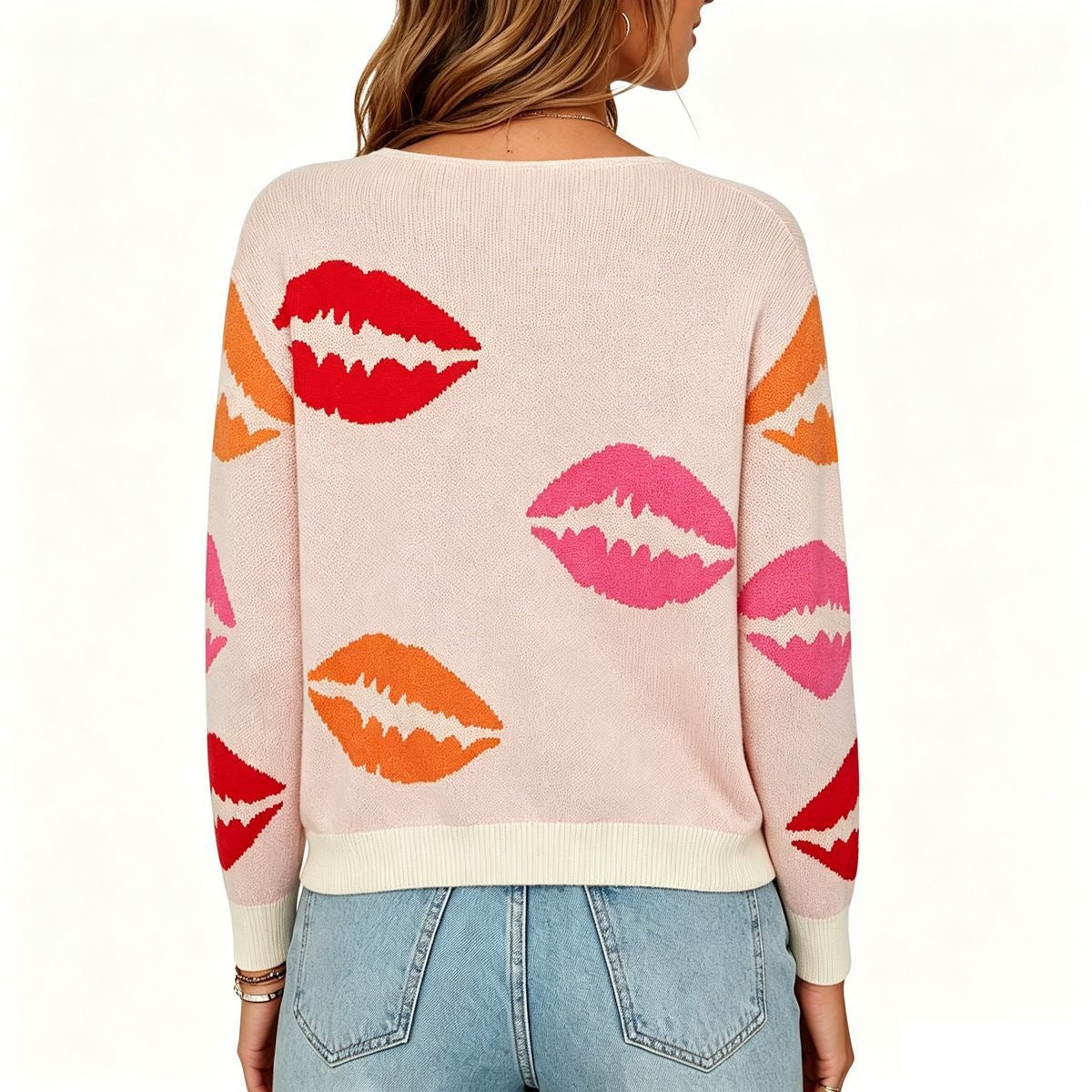 Lip Print Knit Sweater Trendy V Neck Relaxed
