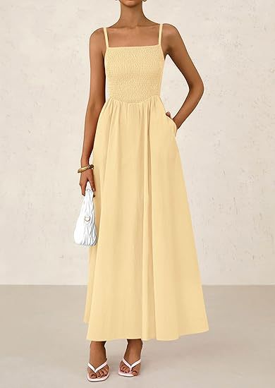 Spaghetti Strap Smocked Maxi Dress with Pockets for Summer