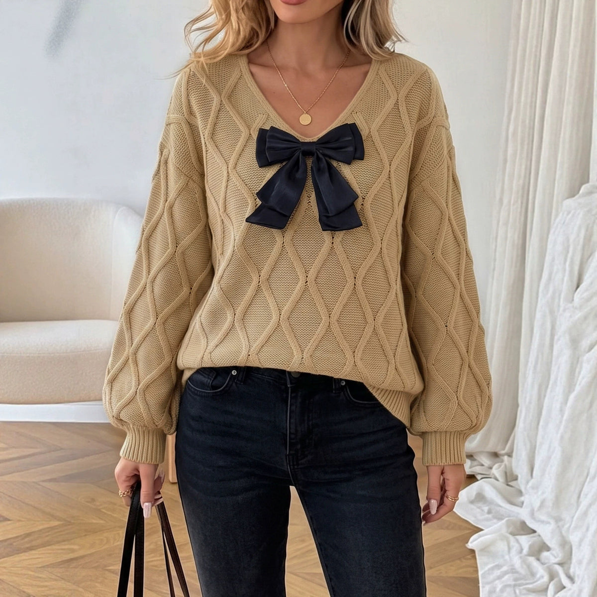Womens V Neck Bow Sweater Oversized Cable Knit Pullover