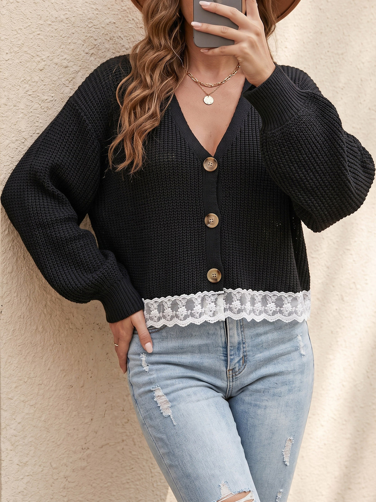 Women's Lace Hem Cropped Cardigan V Neck Knit Sweater