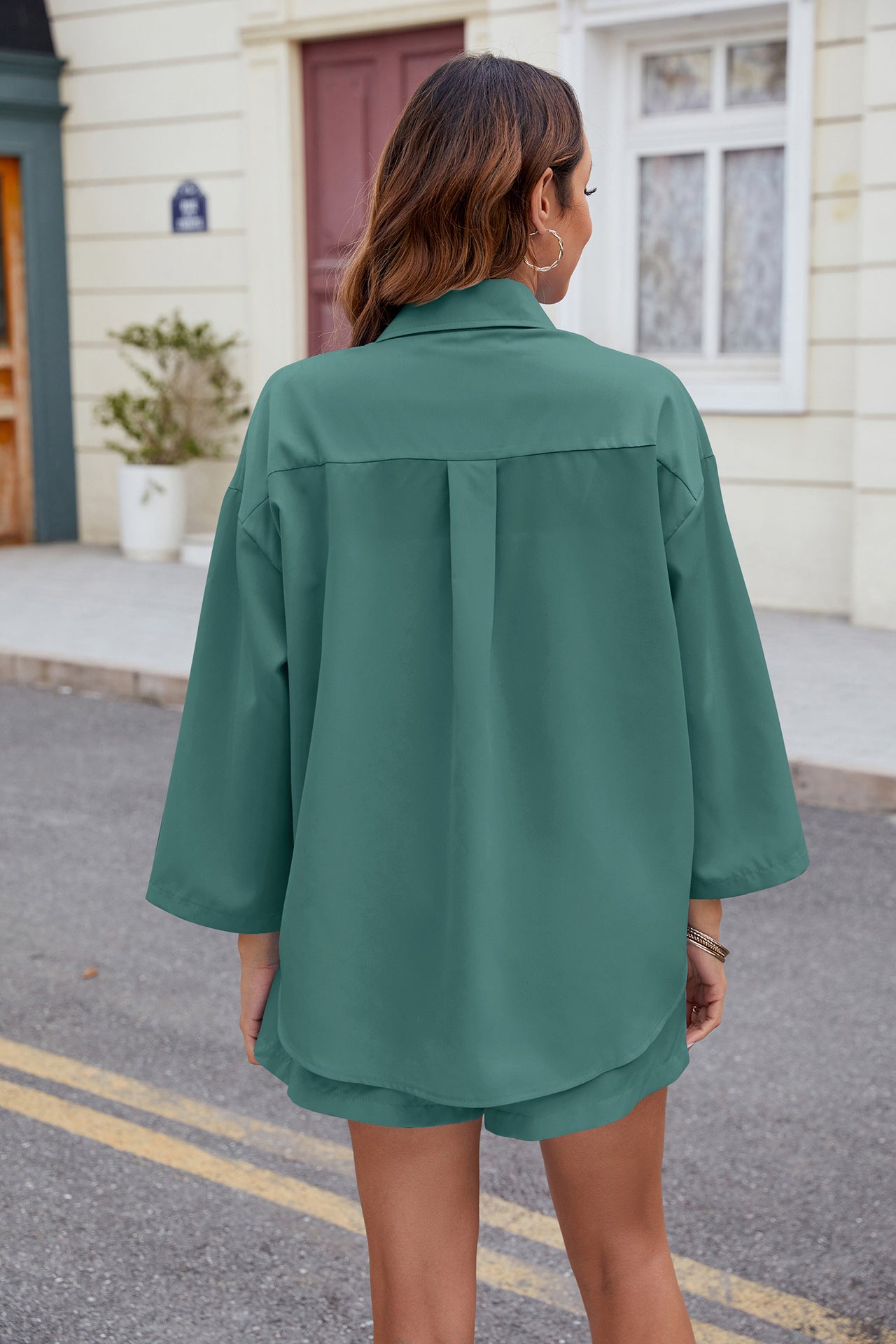 Collared Button-Up Blazer and Shorts Two-Piece Set
