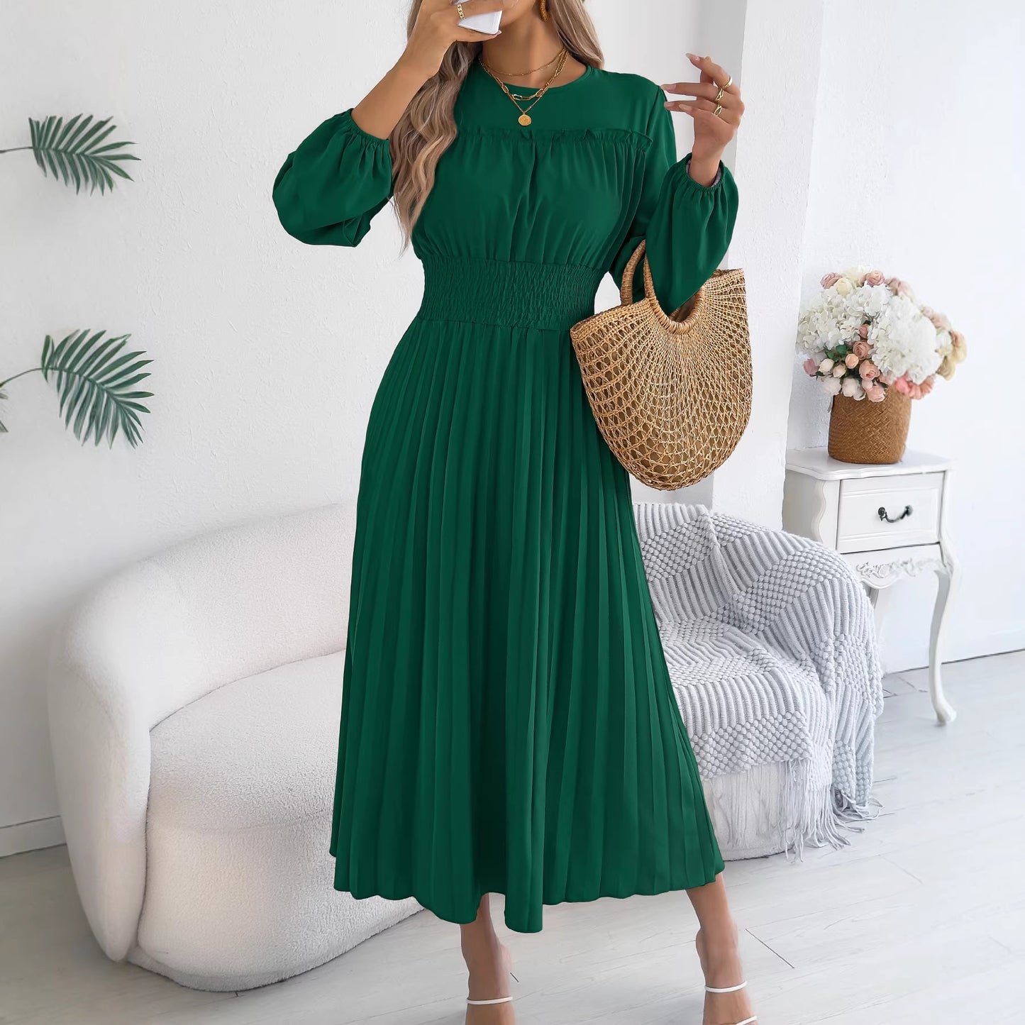 Light Blue Smocked Waist Long Sleeve Pleated Maxi Dress
