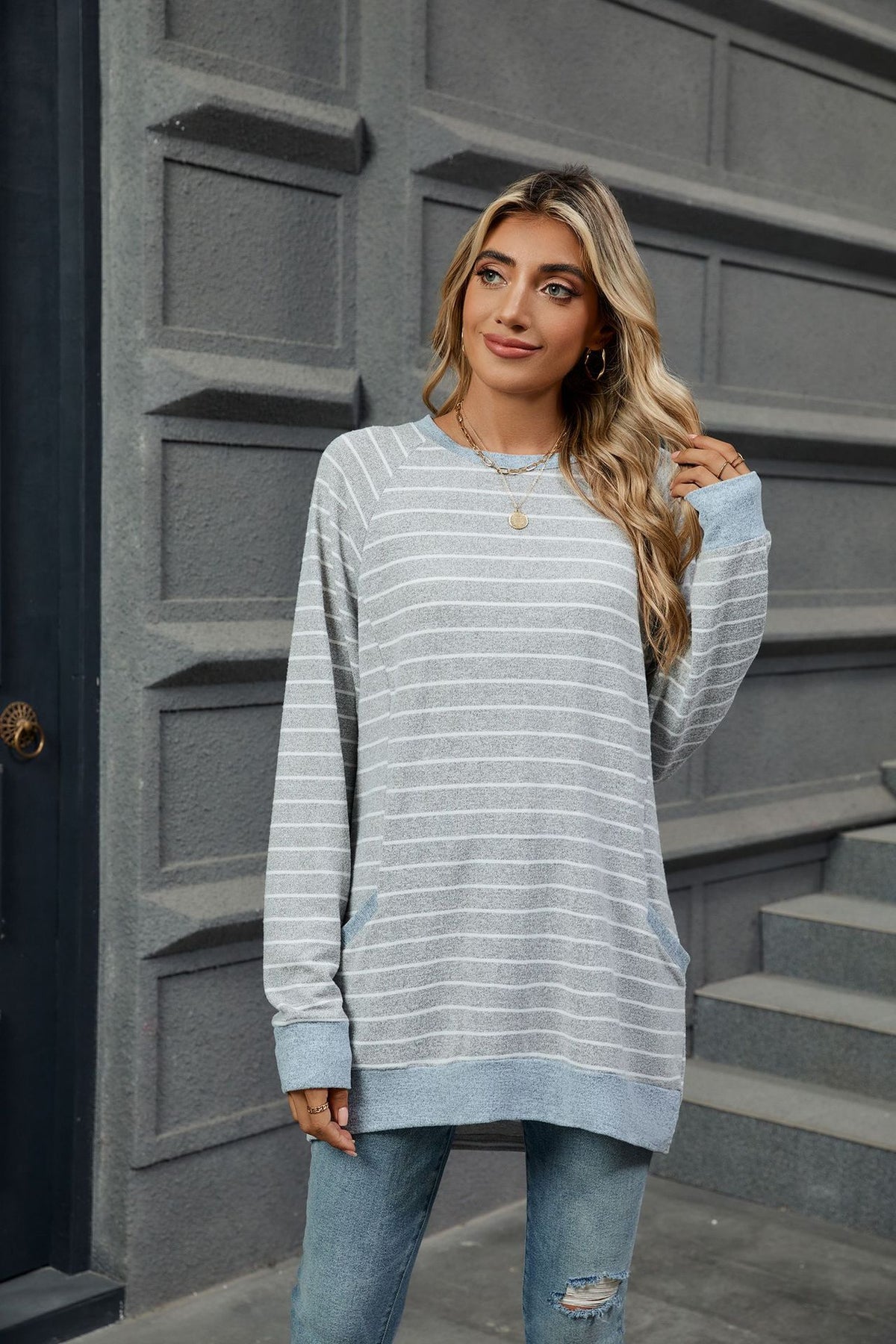 Women's Oversized Striped Long Sleeve Pocket Tunic