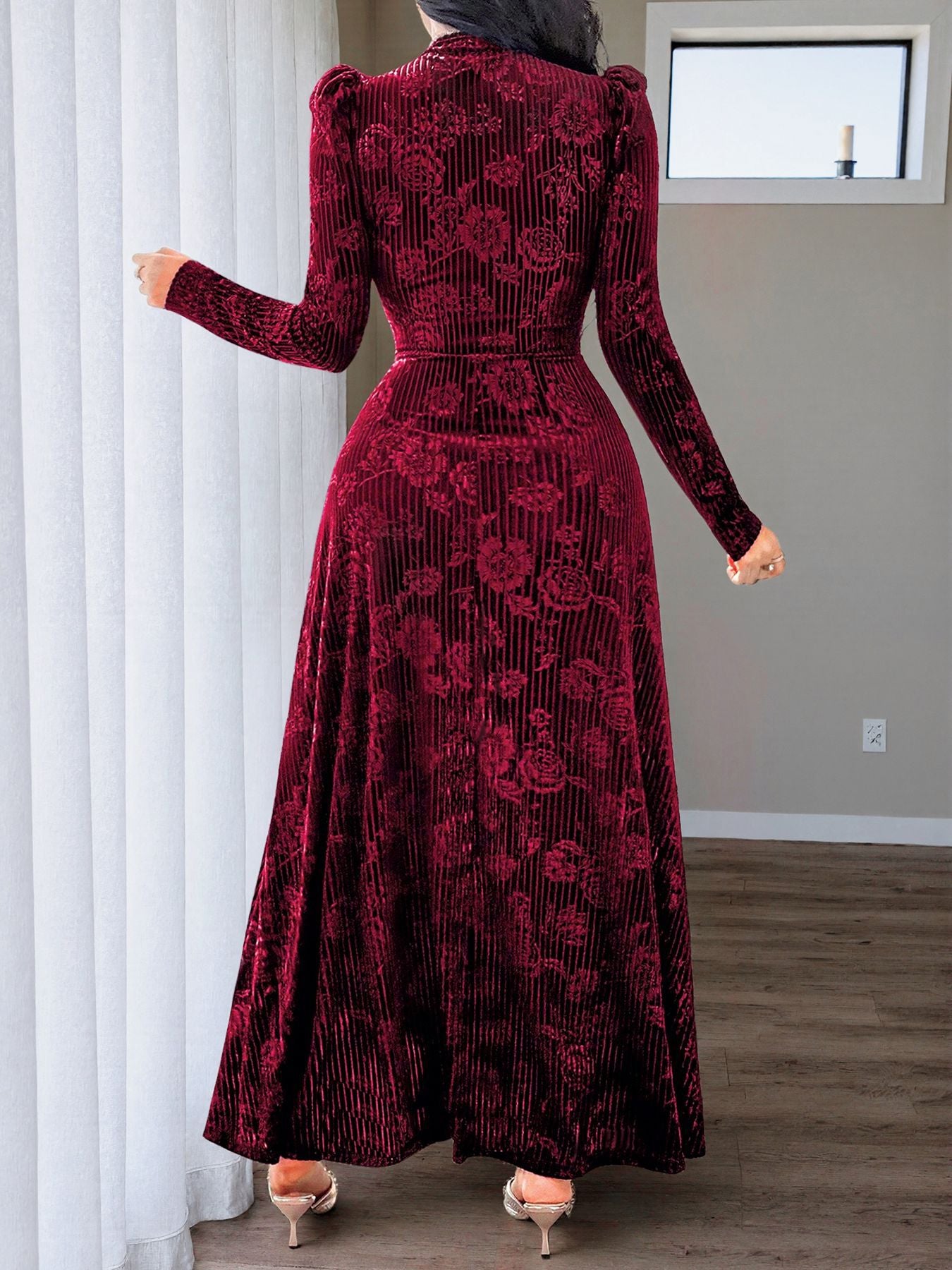 Plus Size Floral Velvet V Neck Maxi Dress