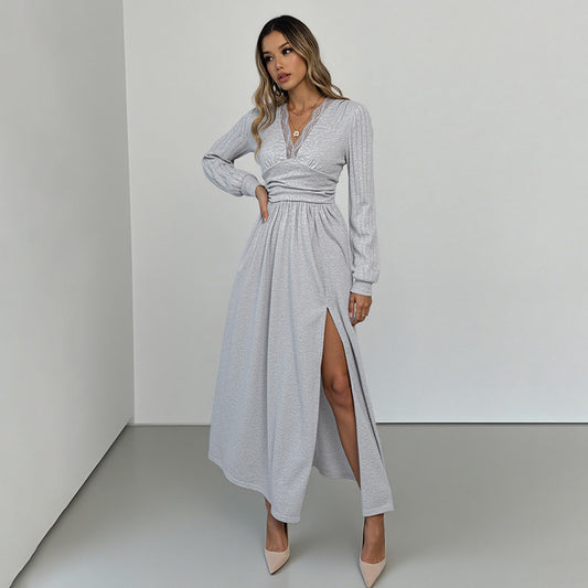 Fall V-Neck Long Sleeve Dress - High Quality Split Hem