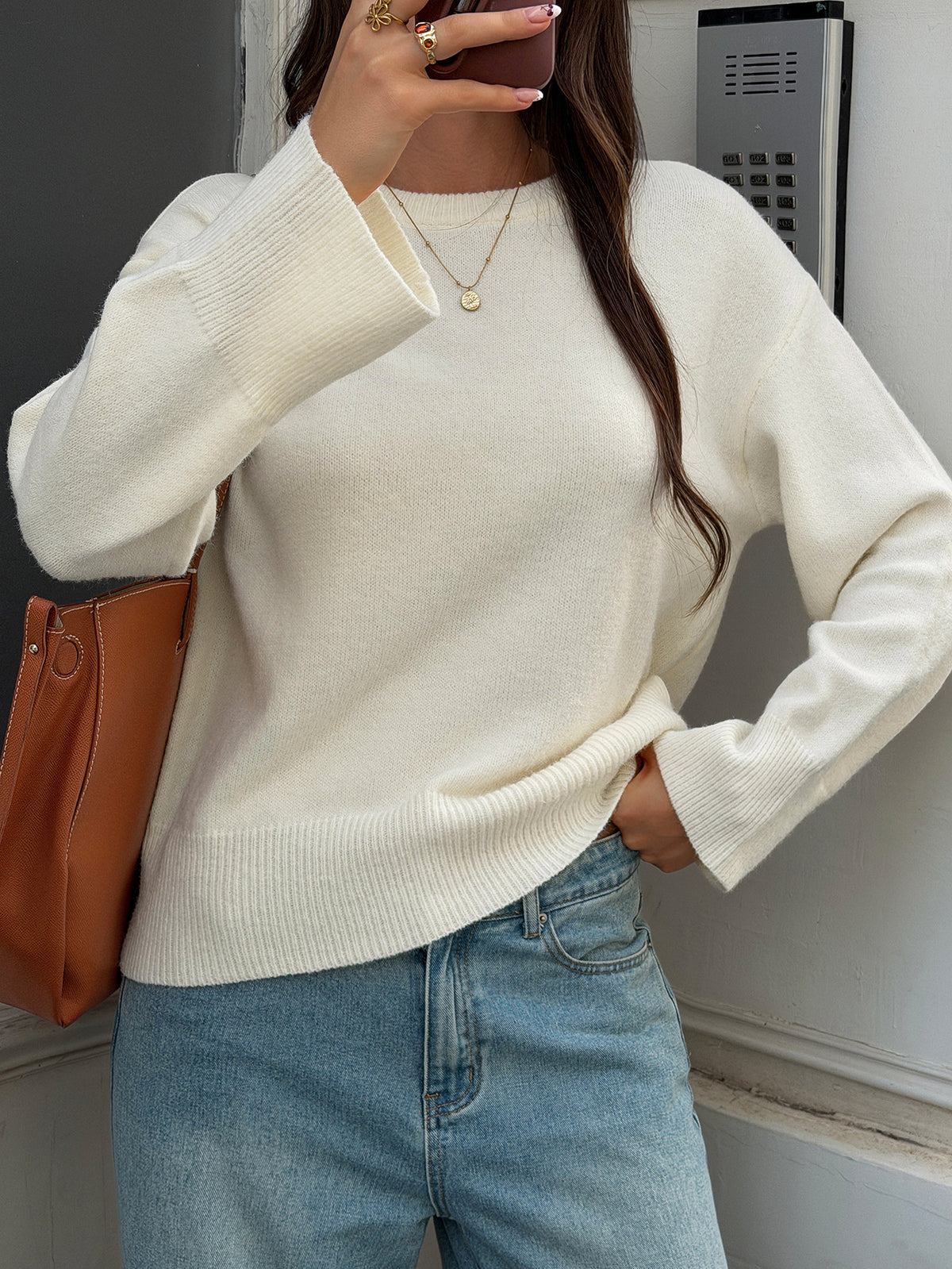 Women's Oversized Cropped Crew Neck Knit Sweater