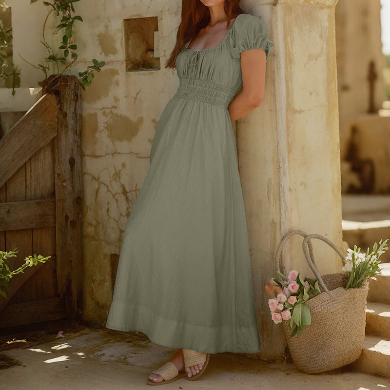 Green Square Neck Puff Sleeve Maxi Dress Cottagecore