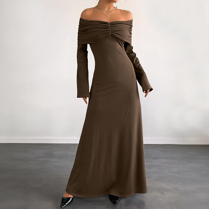 Chic Off-Shoulder Bodycon Maxi Dress in Brown