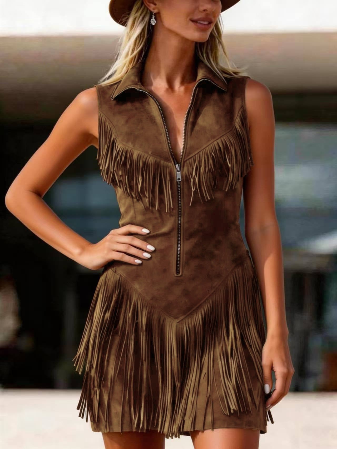 Ladies Vintage Western Suede Fringe Zipper Short Dress