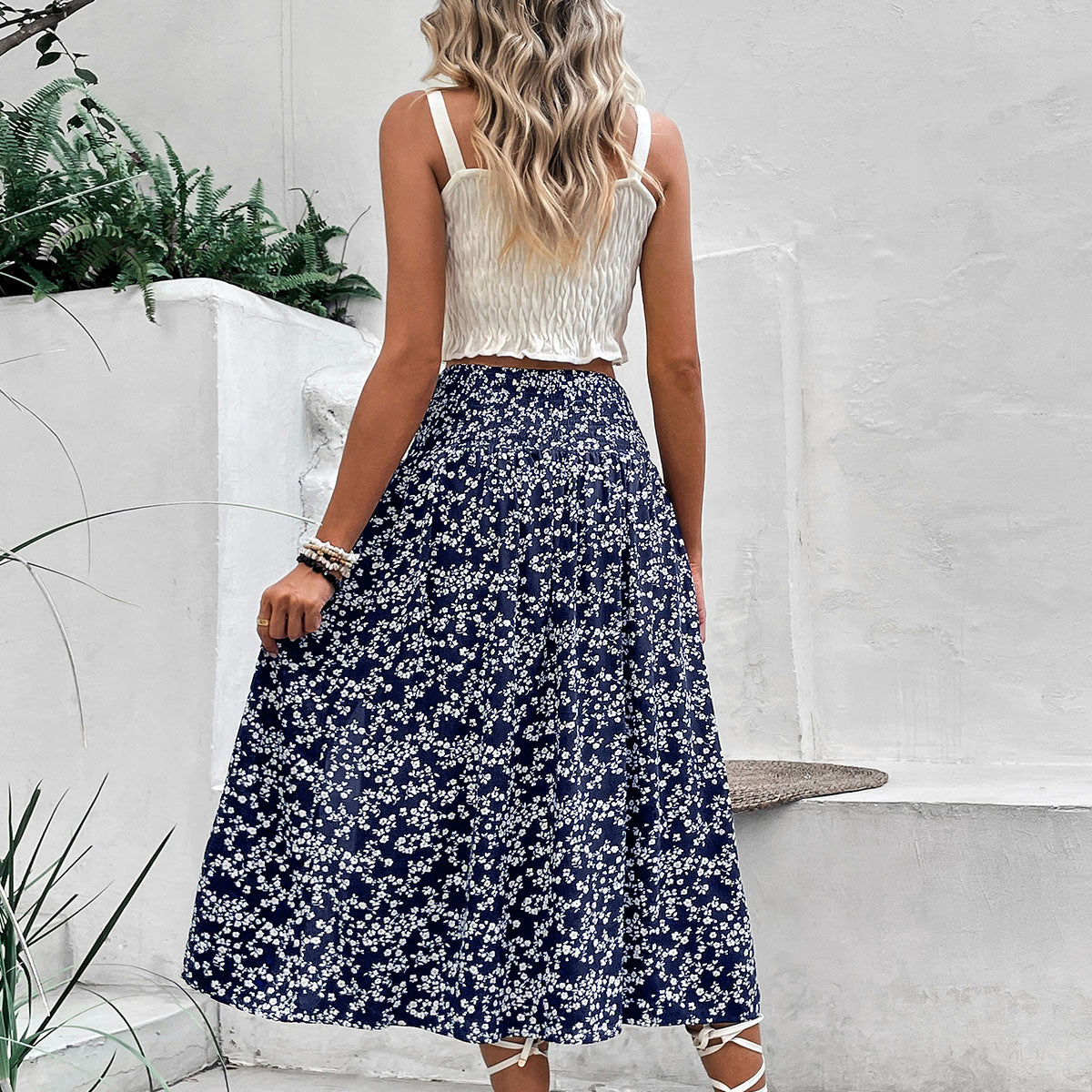 Floral Viscose Skirt Boho High Waist Slit