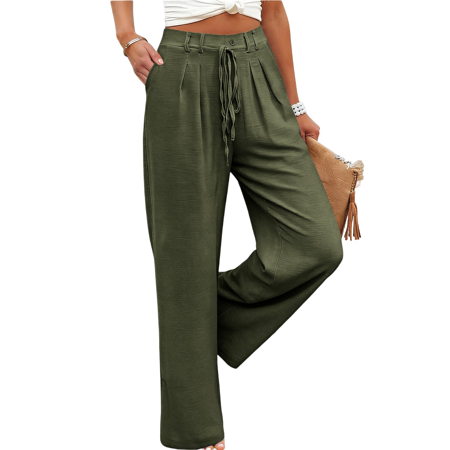 Solid Linen Wide Leg Pants Casual Drawstring Relaxed Fit