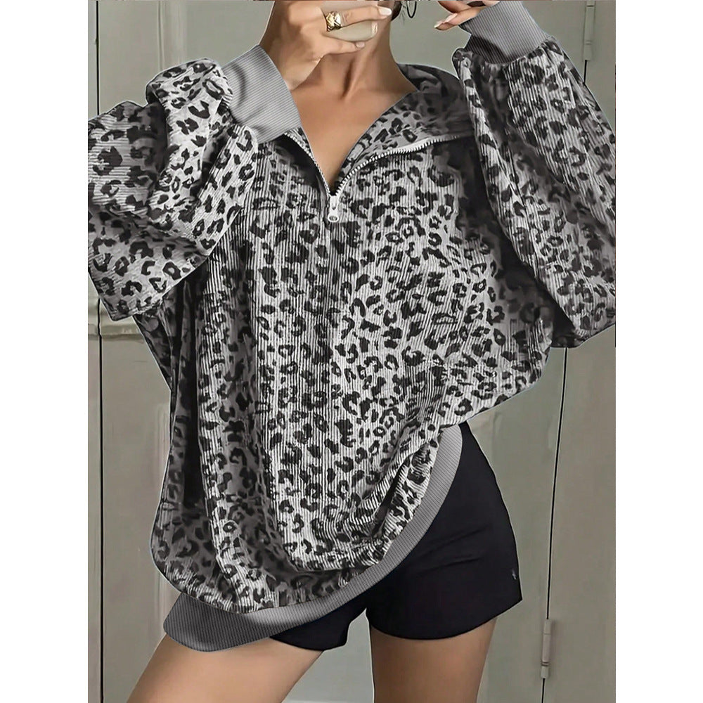 Leopard Corduroy Sweatshirt Streetwear Oversized Half Zip