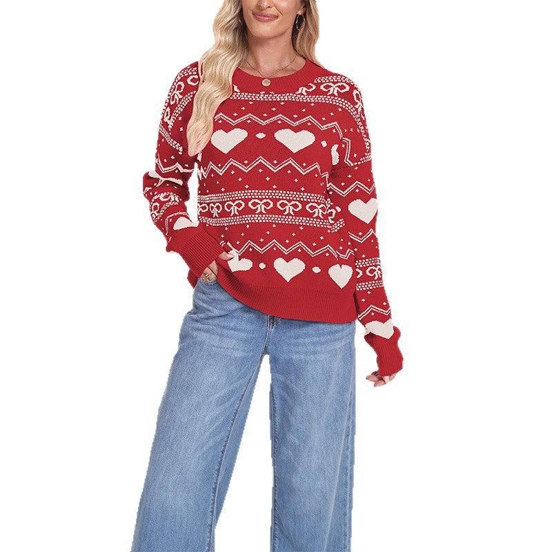 Women's Oversized Heart Crew Neck Knit Sweater