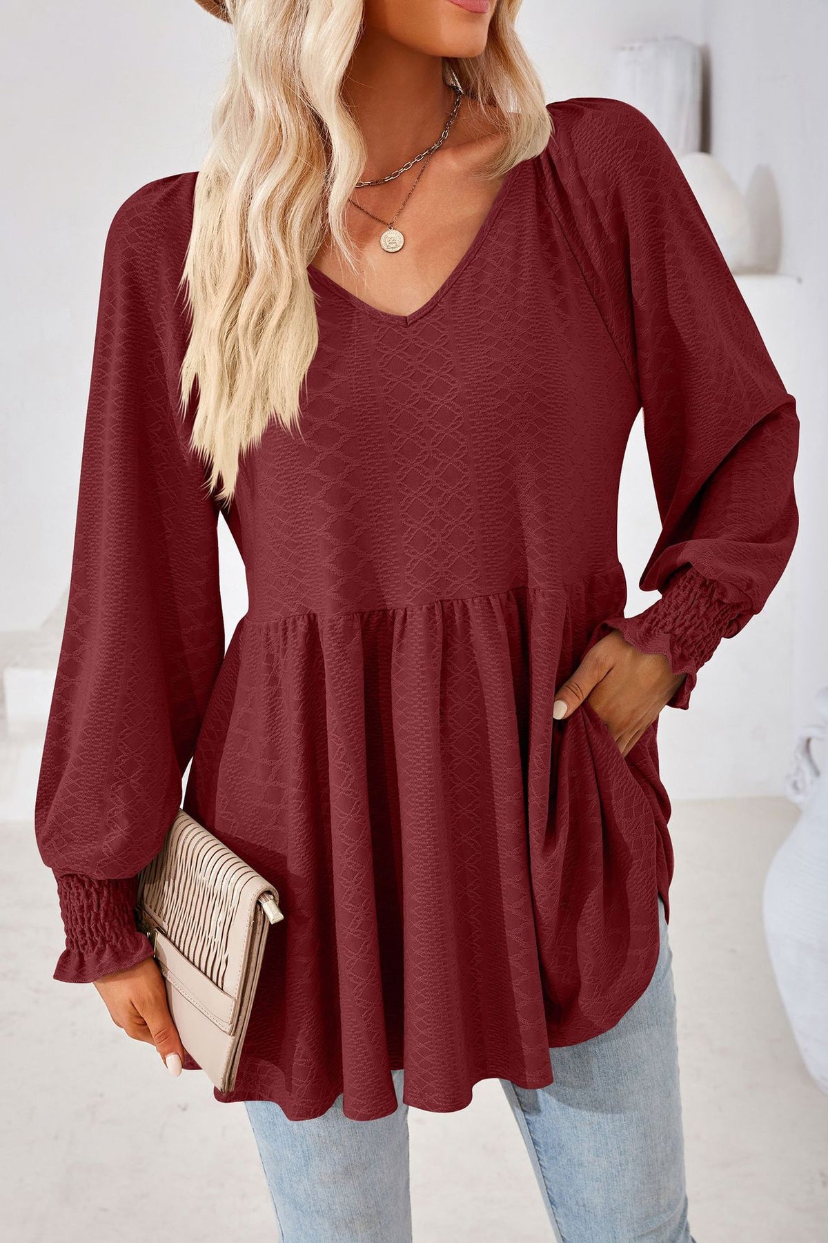 Women's V Neck Long Sleeve Textured Babydoll Tunic Top
