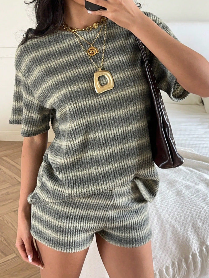 Striped Knit Lounge Set Boutique Shorts Fitted Ribbed
