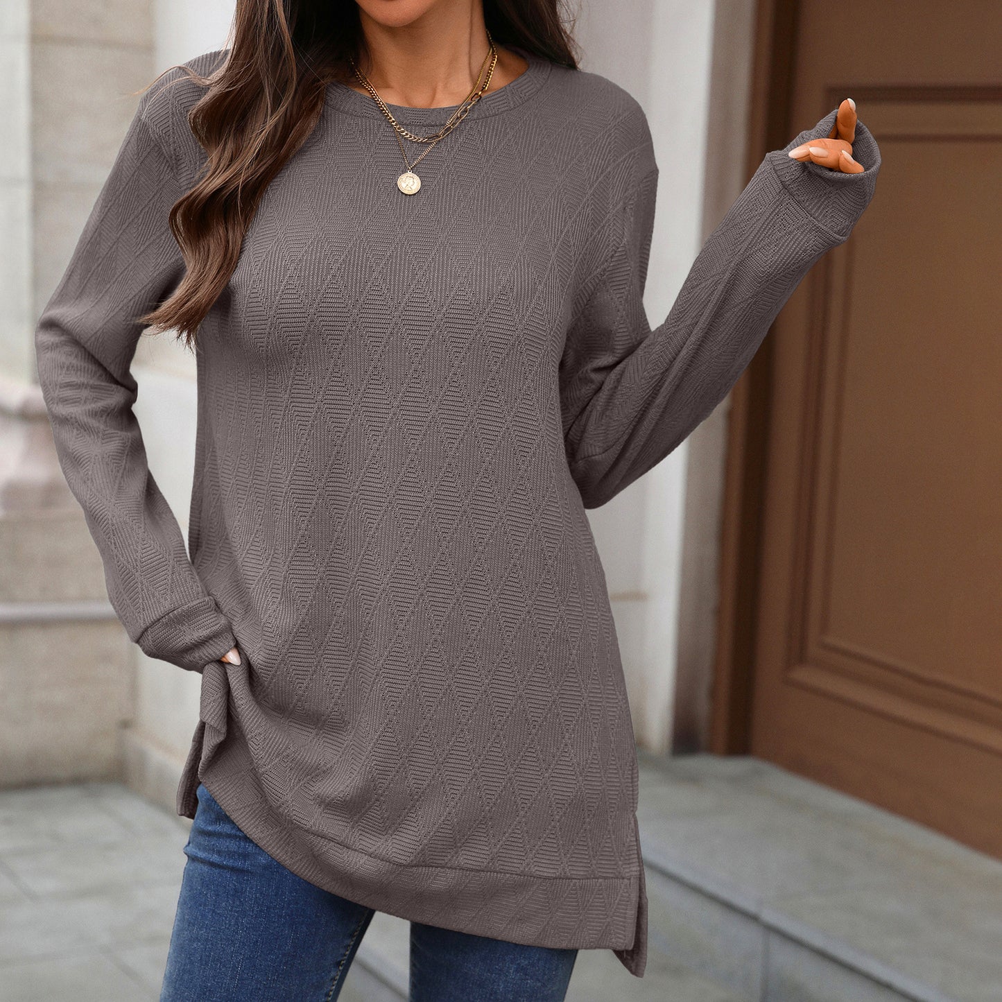 Women's Oversized Geometric Tunic Top Side Slit Long Sleeve