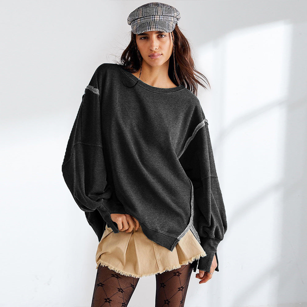 Womens Oversized Crewneck Sweatshirt Side Slit Long Sleeve
