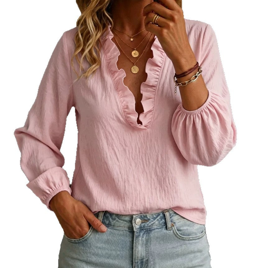 Ruffle V-Neck Blouse with Balloon Sleeves for Women