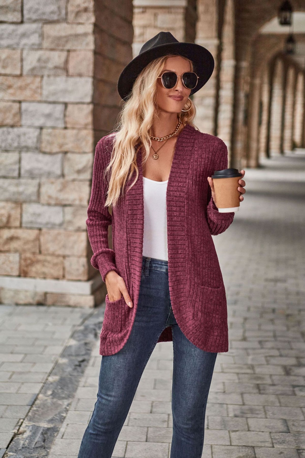Women's Ribbed Knit Open Front Cardigan Long Sleeve Pockets