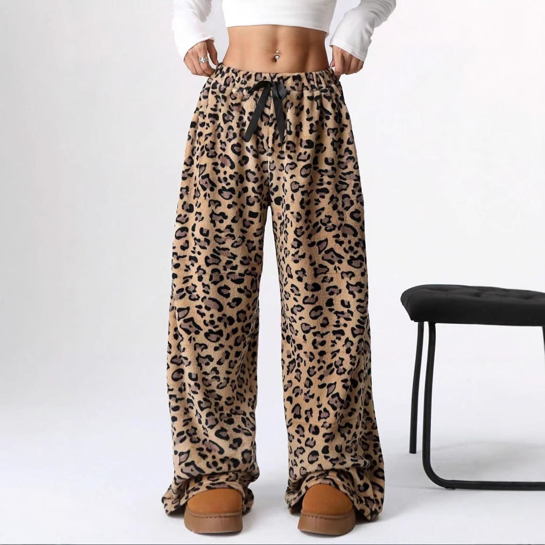 Leopard Print Wide Leg Lounge Pants High Waist Drawstring