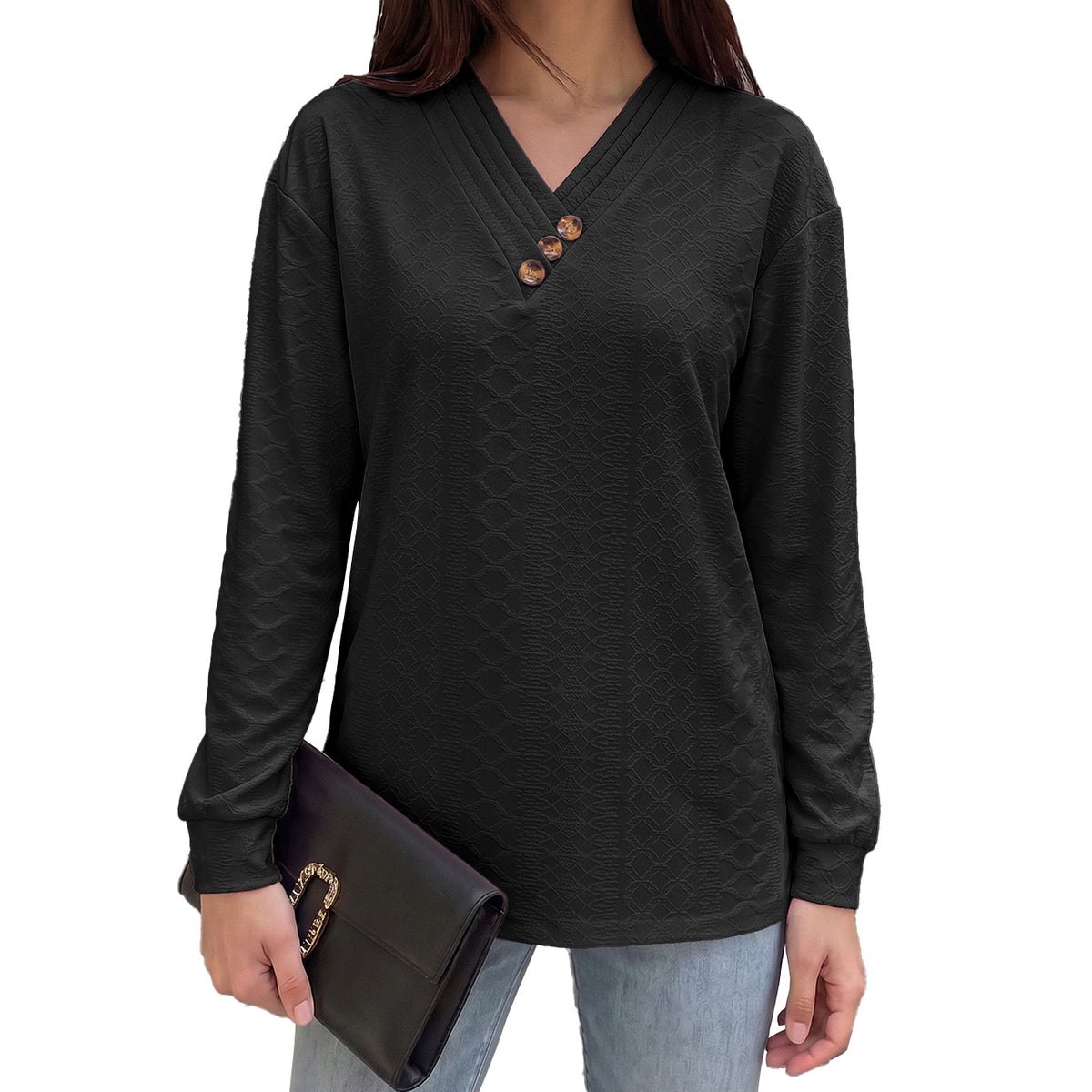 Women's V-Neck Button Detail Textured Long Sleeve Tunic Top
