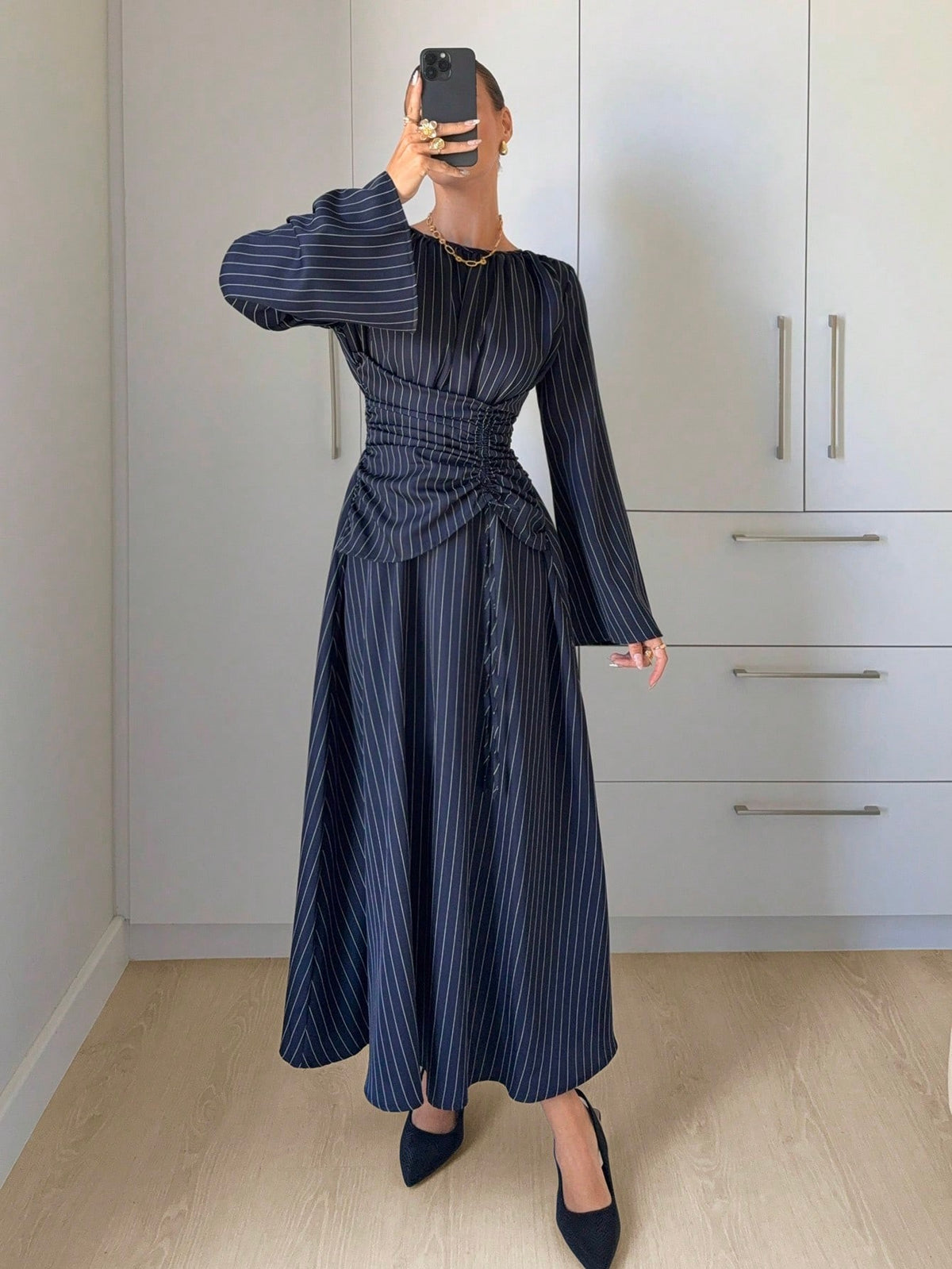 Women's Long Sleeve Tie Waist Ruched Midi Dress