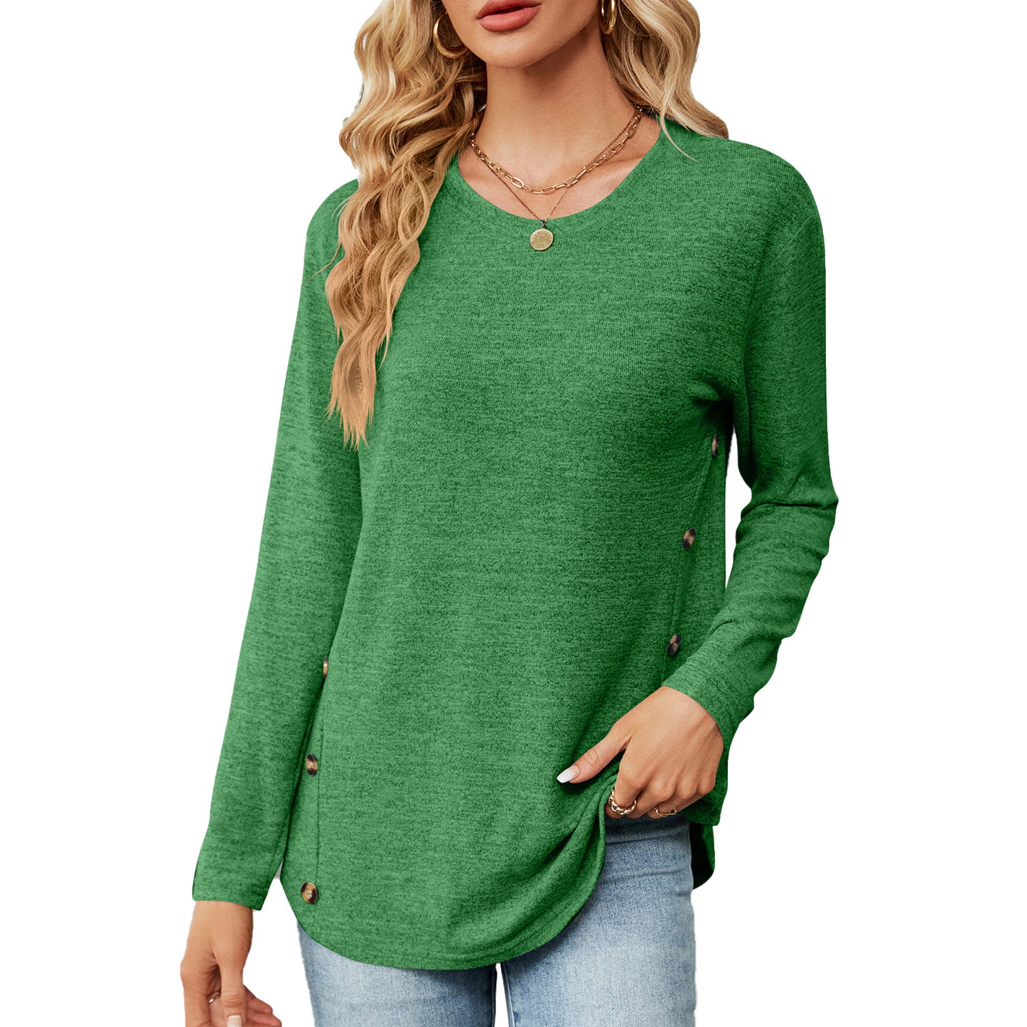 Womens Loose Crewneck Button Side Long Sleeve Tunic Tee