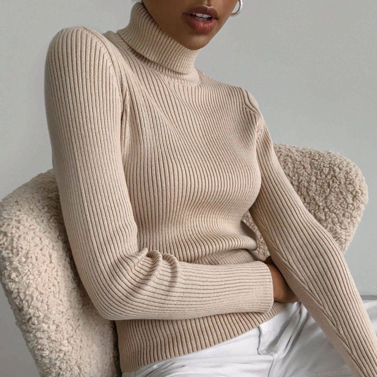 Ribbed Turtleneck Sweater Slim Fit Layering Pullover